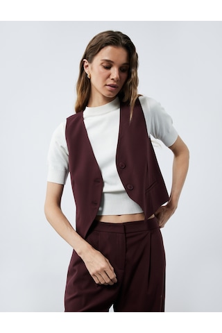 Koton Astarlı Kolsuz Düğmeli V Yaka Blazer Yelek Bordo 6wak20009pw Bordo