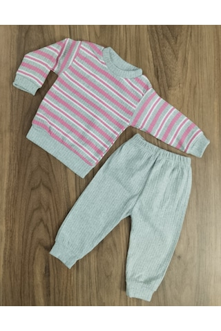 Egişbaby Kız Bebek Çizgili İkili Takım Gri - Pembe