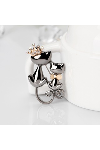 Kadın Takı Parlak Yapay Elmas Sevimli Çift Kedi Figürlü Broş Çok Renkli