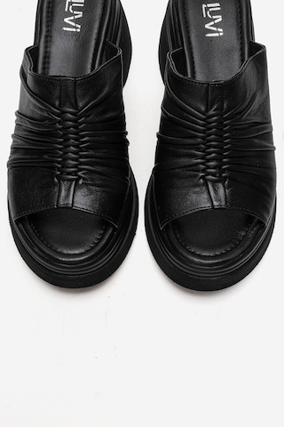 Luvishoes Nellıe Siyah Hakiki Deri Kadın Dolgu Tabanlı Terlik
