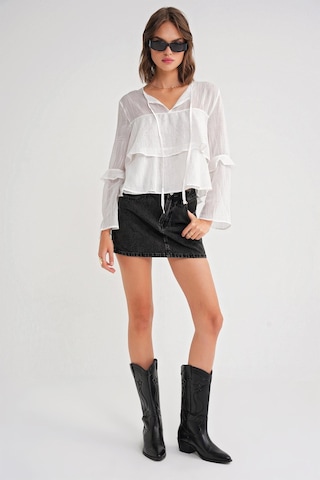 4735 Kadın Uzun Kollu Fırfırlı Bağlamalı Bluz Beyaz Beyaz