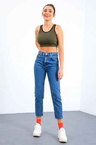 Tommy Life Haki Basic Sıfır Kol Dar Kalıp U Yaka Kadın Crop Top Atlet - 97160 Haki