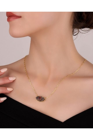 Doğal Taşlı Orta Boy Göz Gümüş Kolye