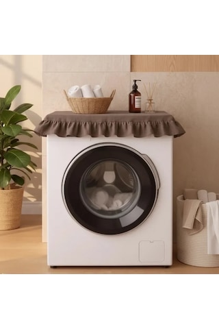 Fırfırlı Çamaşır Makinesi Örtüsü - Çeyizlik Dekoratif Banyo Makine Kılıfı- Kahverengi