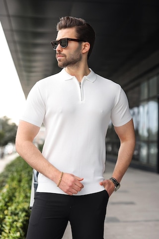 Madmext Beyaz Yarım Fermuarlı Polo Yaka Triko Erkek Tişört E7459 Beyaz