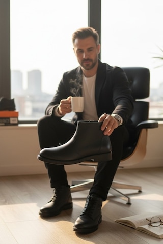 Enoch Hakiki Deri Yan Fermuarlı Dokulu Erkek Bot Siyah