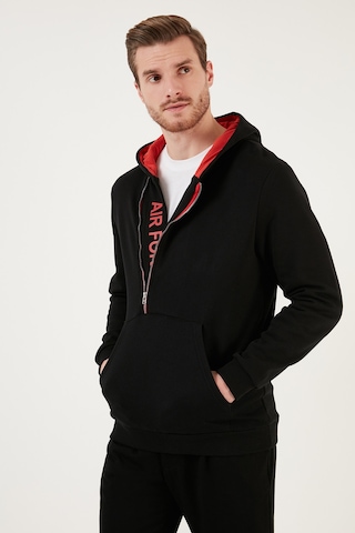 Buratti Kanguru Cepli Fermuarlı Kapüşon Yaka Slim Fit Erkek Sweat 575707 Siyah-Kırmızı