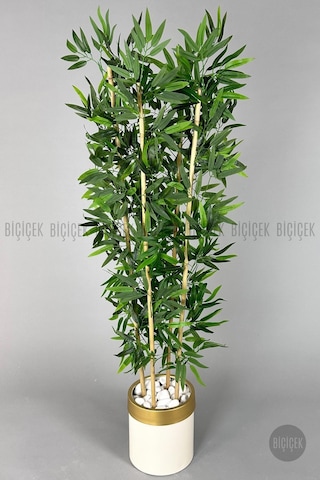 Biçiçek Yapay Bambu Ağacı 140cm Krem Gold Metal Saksıda