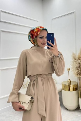 Neşeli Butik Kadın Bej Kuşaklı Gül Detaylı Salaş Tulum Nms003 Bej