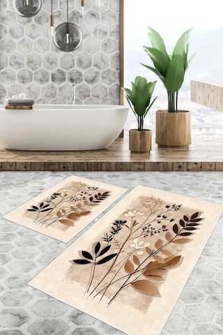 Dijital Baskı Yaprak Desen Kaymaz Taban 2li Set Banyo Paspası Klozet Takımı 50x60cm-60x100cm Krem