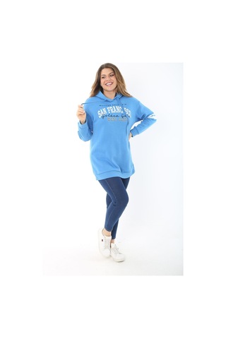 Kadın Büyük Beden Mavi İçi Şardonlu Üç İplik Kapşonlu Sweatshirt 65n37464-mavi Mavi