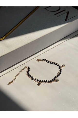 Siyah Boncuklu Sallantılı Taşlı Altın Kaplama Bileklik Altın