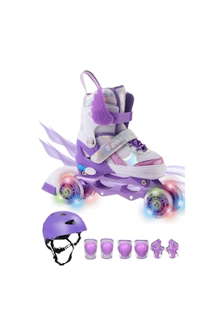 Melek Kanatlı Işıklı Çocuk Pateni Kask Ve Dizlik Seti Silikon Teker Ayarlanabilir Paten Çantalı Lila