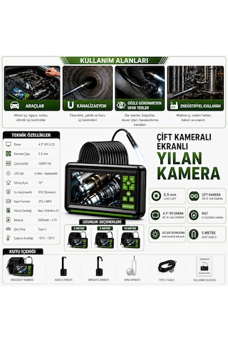 5 Metre Çift Lens Ekranlı Yılan Kamera 5.5mm Lens Sert Kablo
