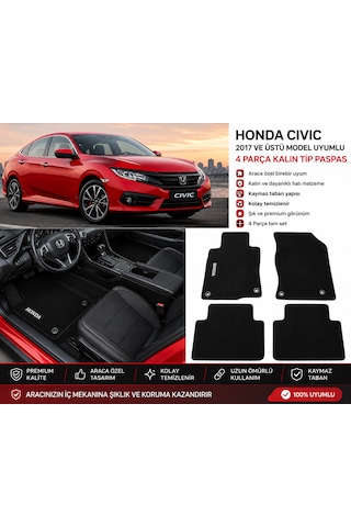 Honda Civic 2017-2022 Fc5 / Fk7 Uyumlu 4 Parça Kalın Tip Siyah Halı Paspas