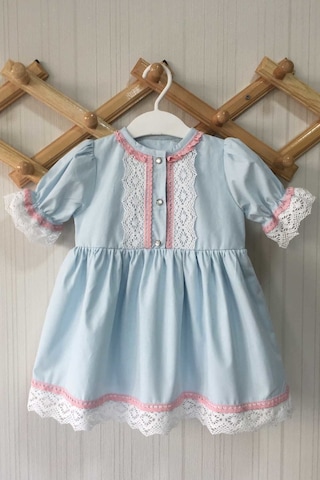 Dantel Detaylı Kısa Kol Bebe Mavi Pamuklu Kız Çocuk Bebek Elbise 001