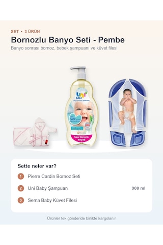Bornozlu Banyo Seti 3 Parça: Bornoz Seti + Uni Baby Şampuan + Sema Baby Küvet Filesi - Pembe