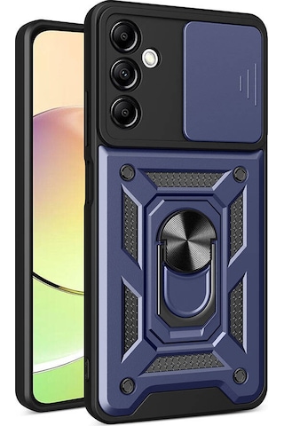 Samsung Uyumlu Galaxy A14 Kılıf Magnetik Standlı Kamera Korumalı Zore Sürgülü Vega Kapak Mavi