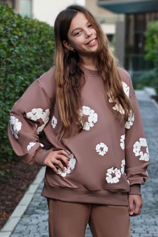 Locoloco Kız Çocuk Sweatshirt Çiçek Baskılı 9-14 Yaş, Kahverengi Kahverengi