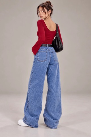 Bbbutikbasic Kadın U Yaka İspanyol Kol Uzun Kollu Slim Fit Bluz My3535 Kırmızı