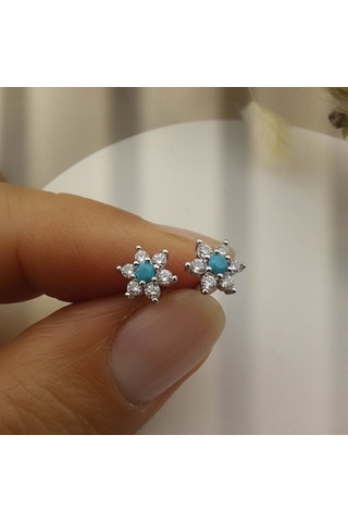 925 Ayar Gümüş Turkuaz Taşlı Minimal Lotus Küpe Gümüş