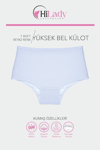 Kadın Külot, Kadın Yüksek Bel Külot, Pamuklu Yumuşak Kumaş, 7'li Paket Beyaz