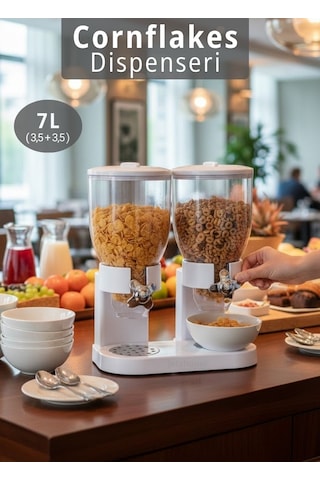 2 Li Cornflakes Dispenseri 7 L Çift Hazneli Müsli Granola Kuruyemiş Kahvaltı Tahılları Sunum Aparatı Beyaz