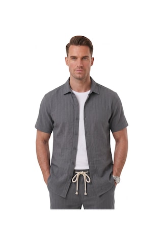 Deep Sea Deepsea Füme Slim Fit Çizgi Dokulu Keten Görünümlü Kısa Kol Erkek Spor Gömlek 2602648