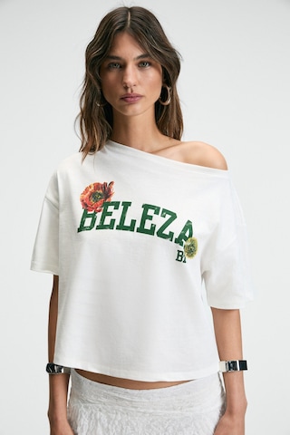 Grımelange QALY Kadın Kayık Yaka Tek Omuz Kısa Kol Ön Ve Arka Baskı Detaylı Relaxed Ekru T-Shirt