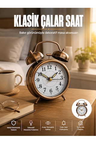 Metal Bronz Nostaljik Masa Saati Alarmlı Büyük Boy Sessiz Mekanizmalı Sarı
