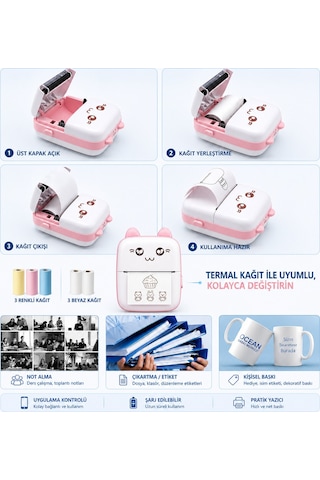 Netum Pembe Mini Yazıcı Mini Taşınabilir Termal Yazıcı Kablosuz Bağlantı 3 Renkli 3beyaz Kağıt