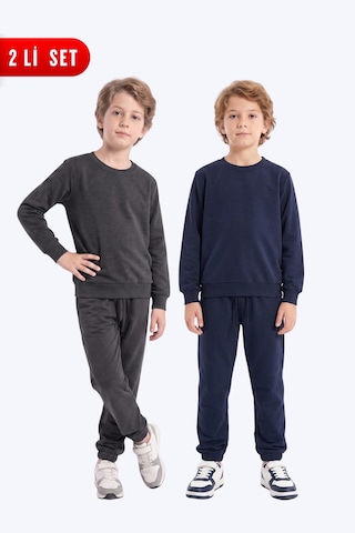 Panios Kids 2'li Erkek Çocuk Düz Bisiklet Yaka Çift Cepli Eşofman Takımı Füme - Lacivert
