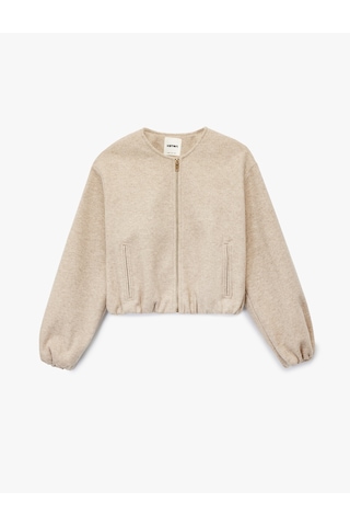 Koton Fermuarlı Bisiklet Yaka Uzun Kollu Crop Kaşe Kolej Bomber Ceket Vizon 6wak20207ew VIZON