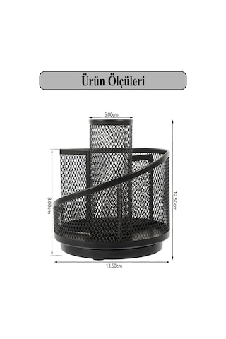 Döner Metal Masaüstü Düzenleyici 1 Adet Organizer Kalemlik Siyah Renk Hareketli 360 Derece Döner Kalemlik Fileli Siyah