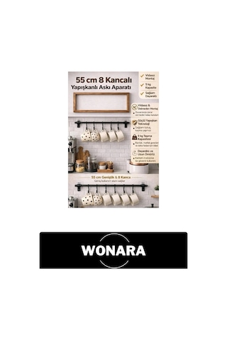 Askıaparatı 8 Kancalı Yapışkanlı Askı Aparatı 55 Cm Vidasız Delmeden Montaj Mutfak Banyo Duvar Orga Çok Renkli