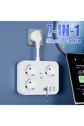 Xuweiwei 7si 1 Arada Priz 3 Ac Cikisi 3 Usb Girisi 1 Type C Girisi Beyaz Kisa Kablo Ev Ofis Seyahat Icin