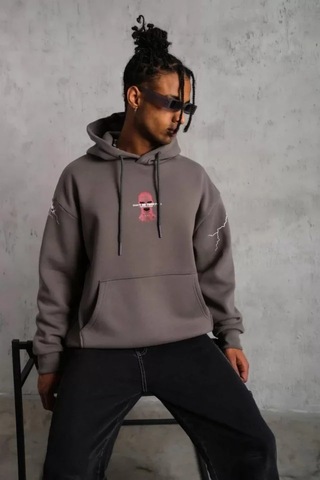 Veraura Lifestyle Erkek Maske Baskılı Kapüşonlu Sweat - Gri