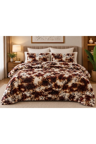 Merinos Diamond Kürk Leopar Desen Comforter Set, Çift Kişilik Yorgan Seti 220x240 Kahverengi