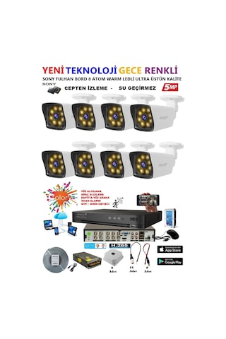 8 Kameralı Gece Renkli 8 Adet Warm Ledli Yeni Nesil 5 Mp Kuruluma Hazır Güvenlik Kamerası Seti