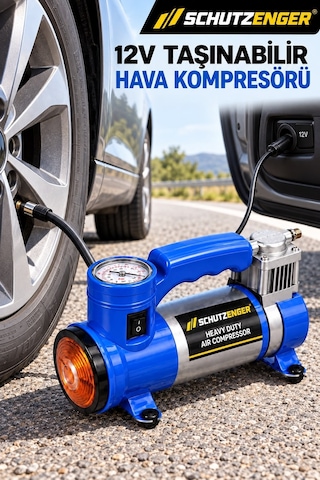 12v Araç Çakmak Girişli Taşınabilir Hava Kompresörü 150 Psı Göstergeli Ve Işıklı Lastik Şişirme Pompası Mavi