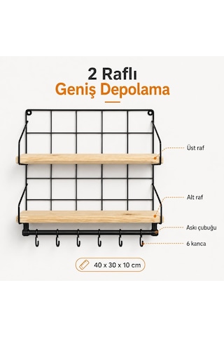 Sogud Mutfak Rafı - 2 Katlı Baharatlık Ve 6'li Kupa Askısı - Duvar Tipi Metal Ahşap Mutfak Düzenleyici - 40x30x10 Cm - Çay Kahve Organizeri - Çivi Ve