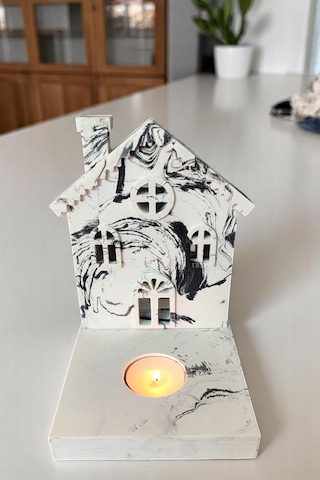 Meremer Desenli Dekoratif Tealight Mumluk - Ev Şeklinde Mumluk Tealight Mum Dahildir Beyaz - Siyah