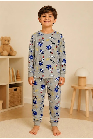 Durukoza %100 Pamuk Erkek Çocuk Pijama Takımı Sonic 4 Mevsim Gri