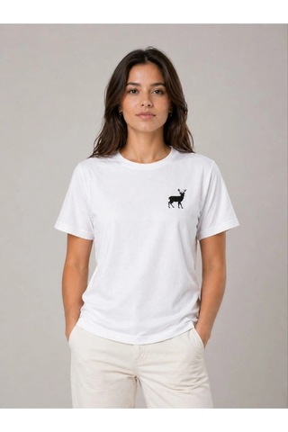 Wear Vexel Kadın Minimal Geyik Logolu Tişört Bisiklet Yaka Kısa Kol Yazlık T-shirt - Beyaz Beyaz