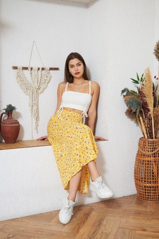 Darlin Moda Sarı Çiçek Desenli Yırtmaçlı Midi Etek DM2014 Sarı