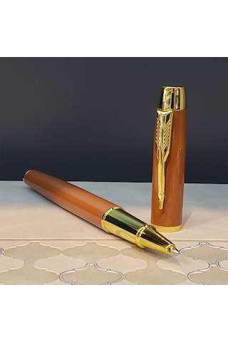 Ahşap Desenli Metal Roller Kalem Seti Özel Kutulu Şık Hediyelik İmza Kalemi Kahverengi