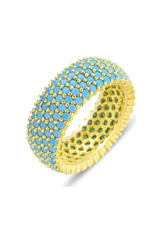 Gümüş Altın Yaldızlı Turkuaz Taşlı 5 Sıra Tamtur Yüzük Barcode Gold