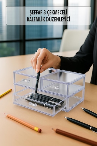Şeffaf 3 Çekmeceli Kalemlik Düzenleyici Organizer 14 24 10 Cm Şeffaf