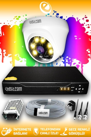 Elitcam 1 Kameralı Dome 1 İç Kamera Set HDD'siz Full HD Renkli Gece Görüşlü Güvenlik Kamerası Sistemi
