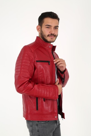 DERİNSS DER123 Hakiki Deri Erkek Kırmızı Mont Kırmızı